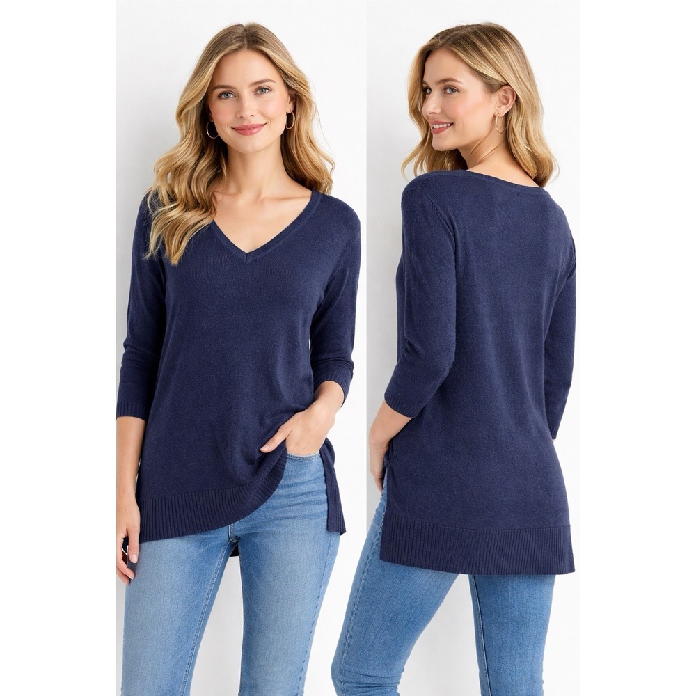 Old Navy Women's Medium Navy Blue Linen Blend V-Neck Sweater Tunic 3/4 Sleeve